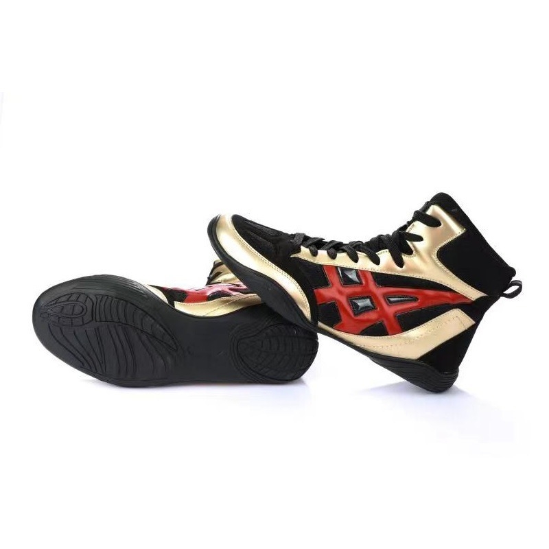 Boxoló és birkózó cipők férfiak és nők számára – elöl fűzőzár, középmagas felsőrész, természetes gumi talp, lélegző belső háló, sarokmagasság 3–5 cm