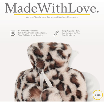 Vízinjekciós melegvíztáska, gumiból, 400 g, plüss leopárd mintás, levehető és mosható