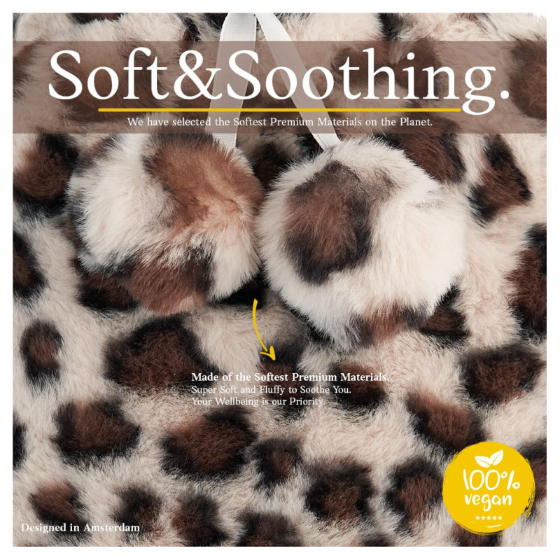 Vízinjekciós melegvíztáska, gumiból, 400 g, plüss leopárd mintás, levehető és mosható