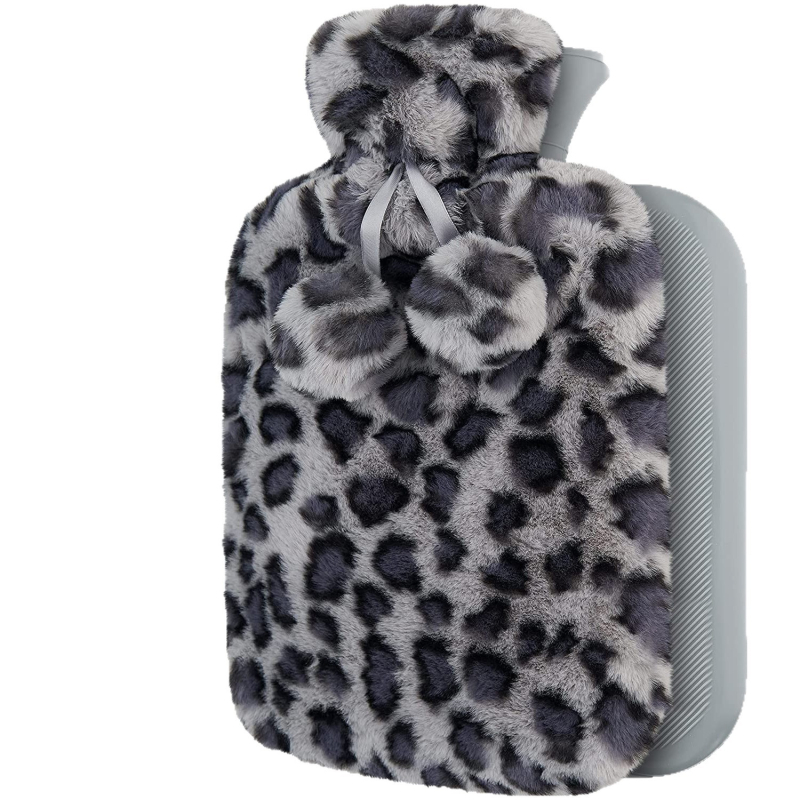 Vízinjekciós melegvíztáska, gumiból, 400 g, plüss leopárd mintás, levehető és mosható