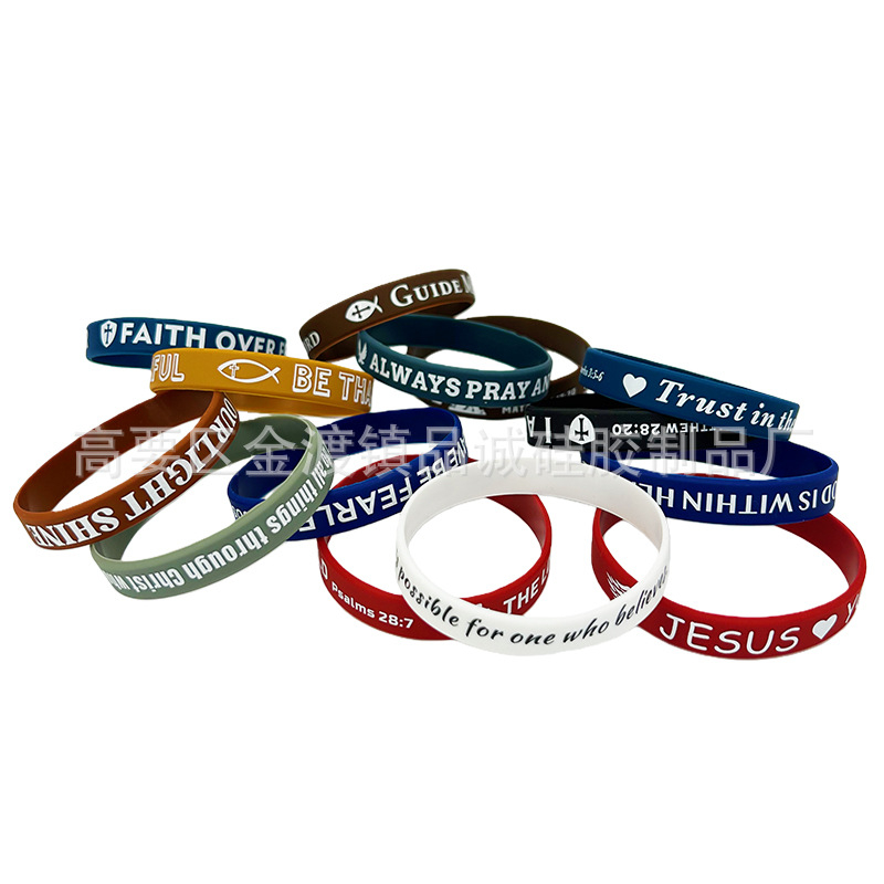 Szilikon karkötő a csuklóra, kör alakú, uniszex, európai–amerikai stílus, kereszt és hit dizájn, egyedi logó nyomtatás