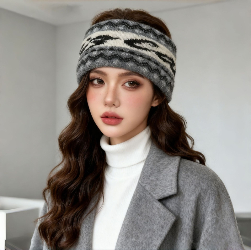 Лента за глава — Топло плетено, дамски Maillard стил, полиестерно влакно, геометрична форма, каре модел