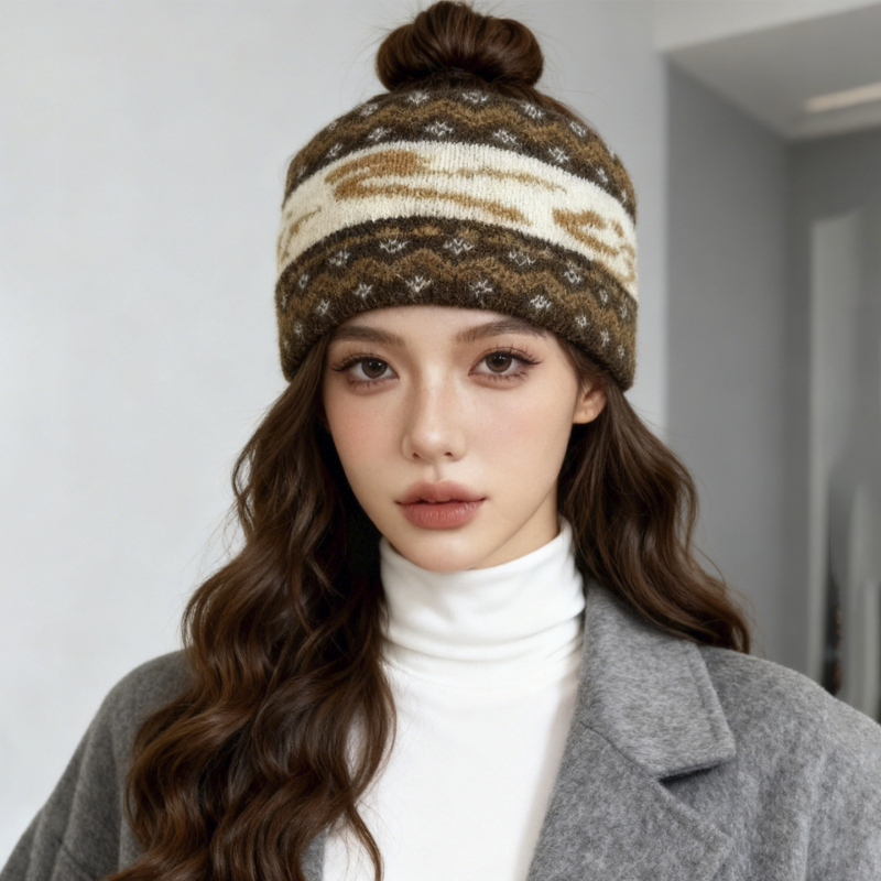 Лента за глава — Топло плетено, дамски Maillard стил, полиестерно влакно, геометрична форма, каре модел