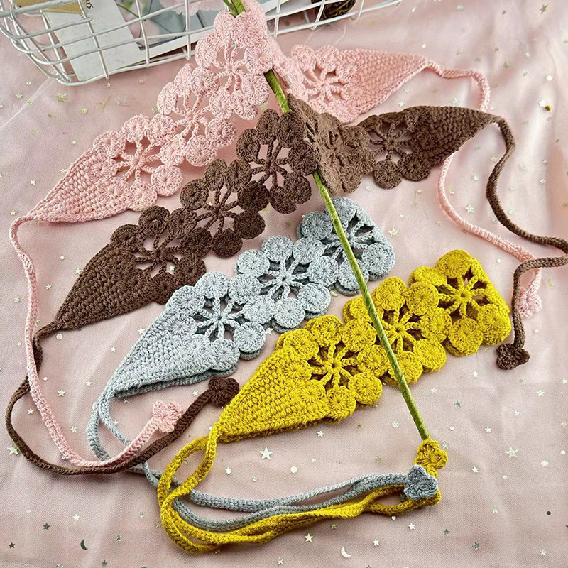 Дамска плетена лента за глава с цвете и ажурна дантела, стил Европейски/Американски, аксесоар за коса