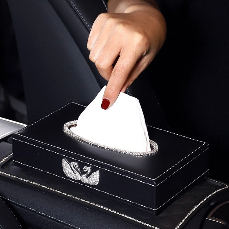 Δερμάτινο κουτί χαρτοπετσέτων αυτοκινήτου με διαμαντένιο κύκνο, τύπος καθίσματος-υποβραχιόνιο εσωτερικού αυτοκινήτου, μάρκα Janina, διάρκεια ζωής 3 χρόνια