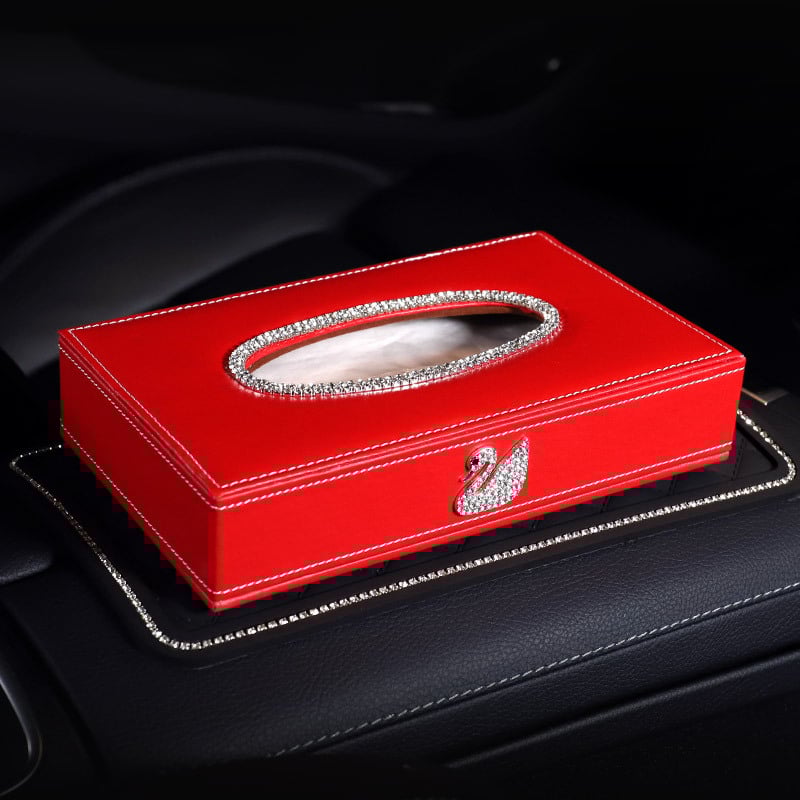 Δερμάτινο κουτί χαρτοπετσέτων αυτοκινήτου με διαμαντένιο κύκνο, τύπος καθίσματος-υποβραχιόνιο εσωτερικού αυτοκινήτου, μάρκα Janina, διάρκεια ζωής 3 χρόνια