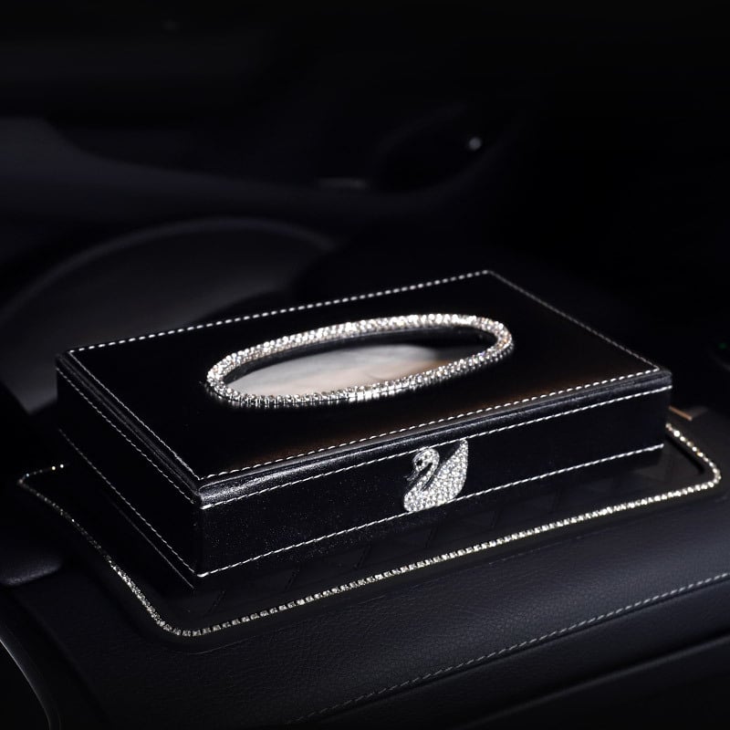 Δερμάτινο κουτί χαρτοπετσέτων αυτοκινήτου με διαμαντένιο κύκνο, τύπος καθίσματος-υποβραχιόνιο εσωτερικού αυτοκινήτου, μάρκα Janina, διάρκεια ζωής 3 χρόνια