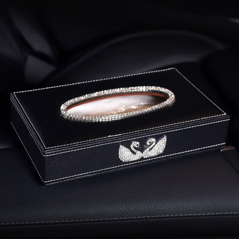 Δερμάτινο κουτί χαρτοπετσέτων αυτοκινήτου με διαμαντένιο κύκνο, τύπος καθίσματος-υποβραχιόνιο εσωτερικού αυτοκινήτου, μάρκα Janina, διάρκεια ζωής 3 χρόνια