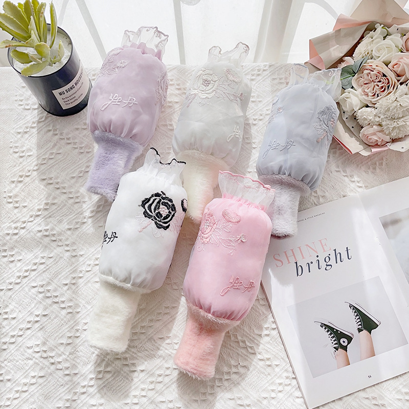 Női két-in-1 hímzett csipkés ujjvégek kesztyű – peónia minta, poliészter, jacquard, melegen tart, téli–tavaszi–őszi használatra