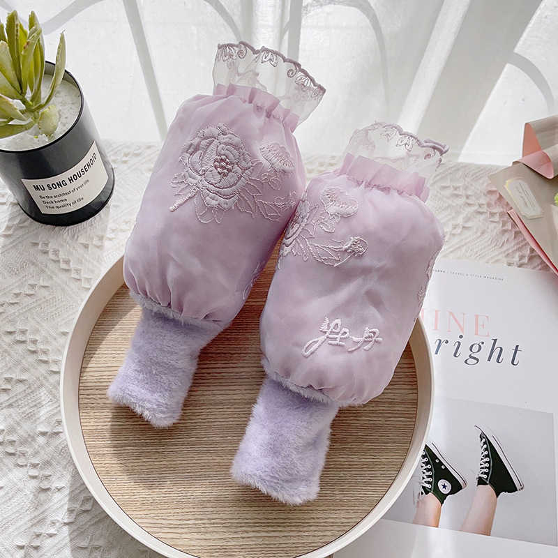 Női két-in-1 hímzett csipkés ujjvégek kesztyű – peónia minta, poliészter, jacquard, melegen tart, téli–tavaszi–őszi használatra