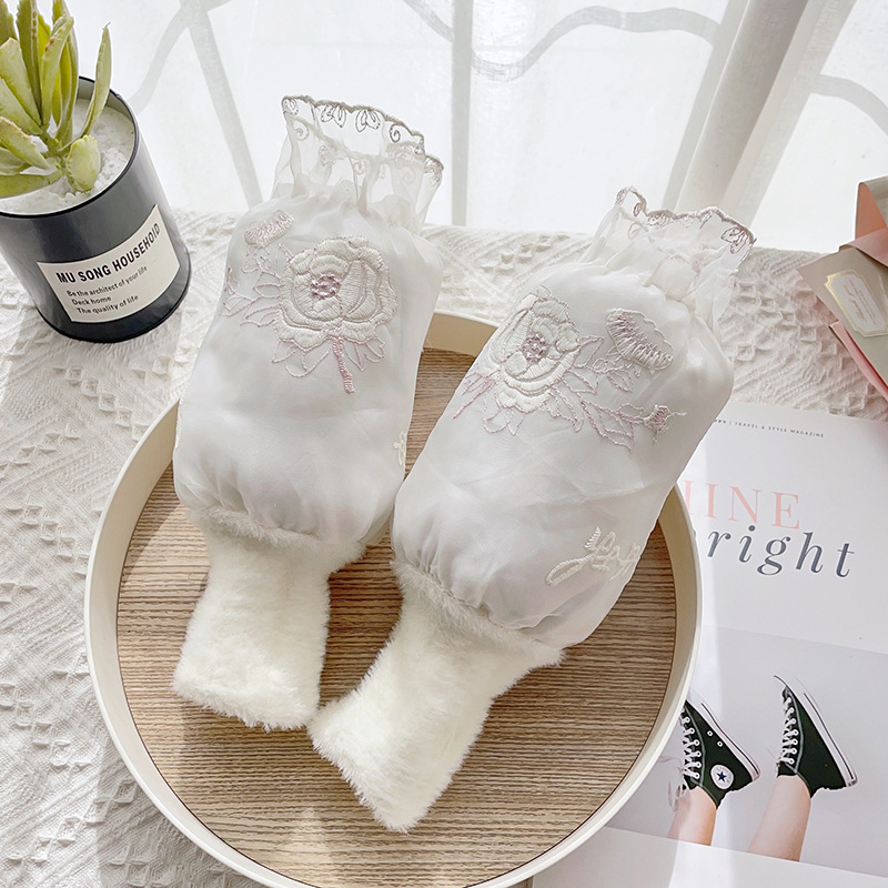 Női két-in-1 hímzett csipkés ujjvégek kesztyű – peónia minta, poliészter, jacquard, melegen tart, téli–tavaszi–őszi használatra