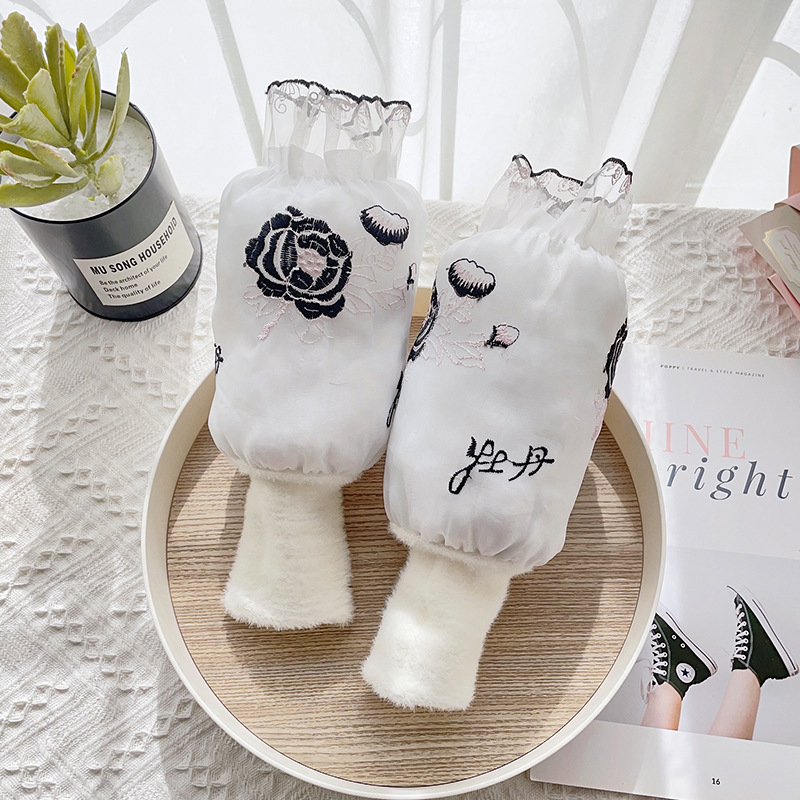 Női két-in-1 hímzett csipkés ujjvégek kesztyű – peónia minta, poliészter, jacquard, melegen tart, téli–tavaszi–őszi használatra