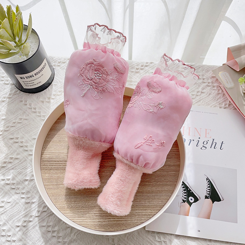 Női két-in-1 hímzett csipkés ujjvégek kesztyű – peónia minta, poliészter, jacquard, melegen tart, téli–tavaszi–őszi használatra