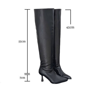 Γυναικεία μόδα μποτάκια με μυτερό δάχτυλο, υψηλό ύψος γάμπας, PU επάνω μέρος, λεπτό τακούνι 6–8 εκ