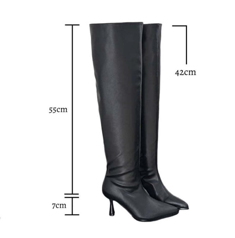 Γυναικεία μόδα μποτάκια με μυτερό δάχτυλο, υψηλό ύψος γάμπας, PU επάνω μέρος, λεπτό τακούνι 6–8 εκ