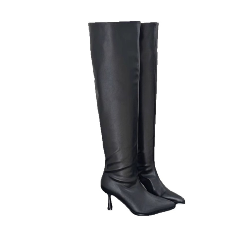 Γυναικεία μόδα μποτάκια με μυτερό δάχτυλο, υψηλό ύψος γάμπας, PU επάνω μέρος, λεπτό τακούνι 6–8 εκ