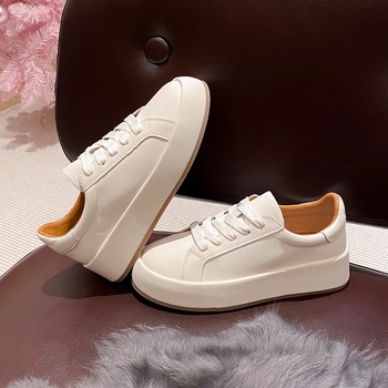 Дамски обувки за ежедневно носене от телешка кожа, с дебела подметка, кръгла носова част, ток 3–5 см, предно връзване