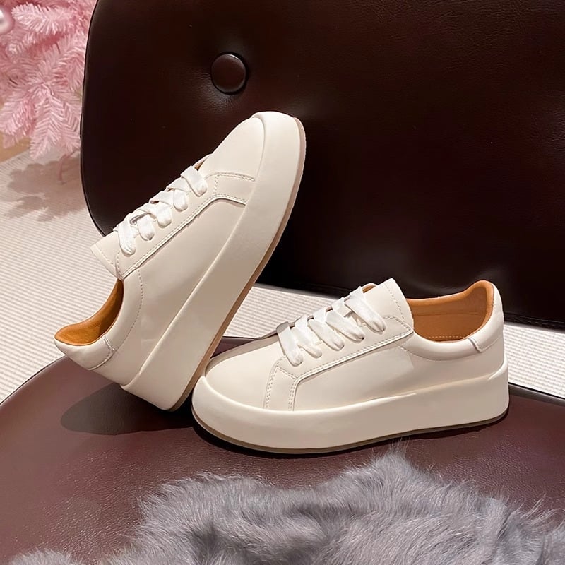 Дамски обувки за ежедневно носене от телешка кожа, с дебела подметка, кръгла носова част, ток 3–5 см, предно връзване