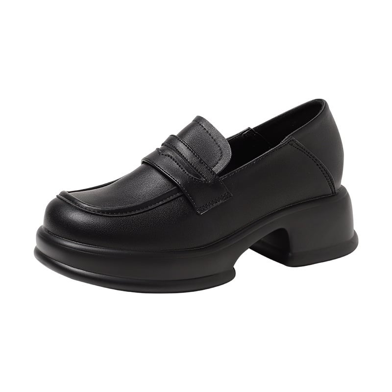 Πλατφορμ loafers με στρογγυλό нос, επάνω μέρος από γνήσιο δέρμα, επένδυση από δέρμα, καουτσούκ σόλα, μεσαίου ύψους χοντρός τετράγωνος τακούνι 3-5 εκ, σχέδιο ανύψωσης ύψους