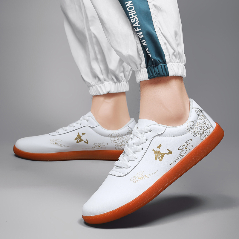 Unisex παπούτσια πολεμικών τεχνών Tai Chi: δερμάτινο επάνω μέρος, μπροστινό κορδόνι, αντιολισθητική σόλα, χαμηλό προφίλ