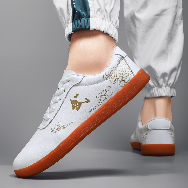 Unisex παπούτσια πολεμικών τεχνών Tai Chi: δερμάτινο επάνω μέρος, μπροστινό κορδόνι, αντιολισθητική σόλα, χαμηλό προφίλ