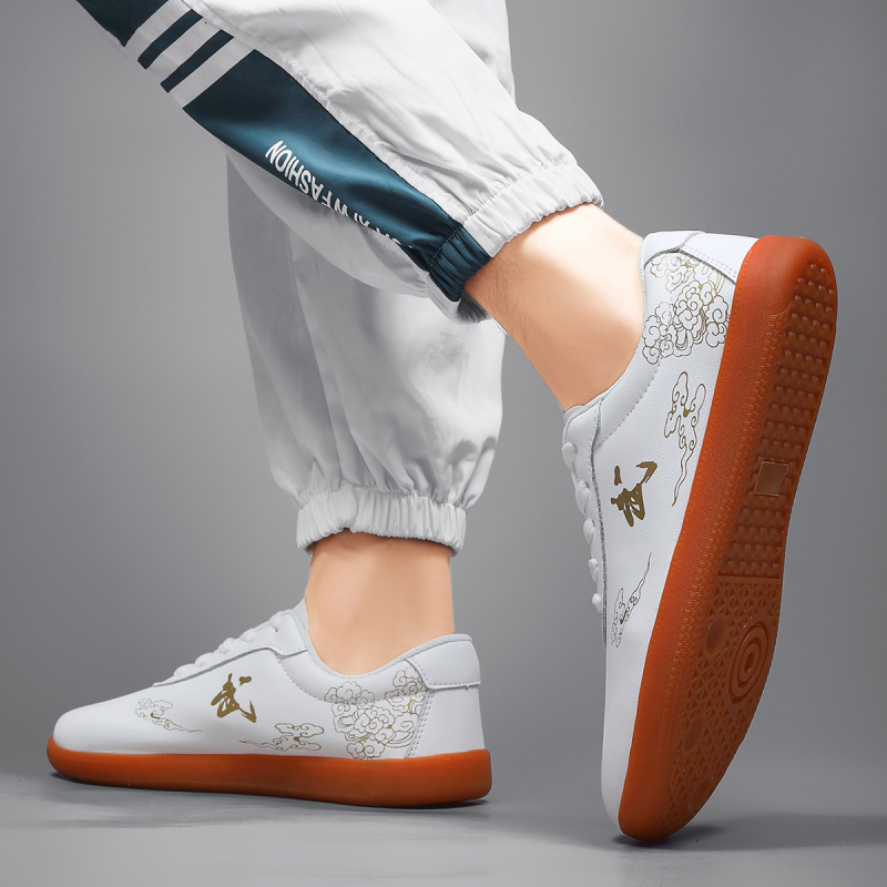 Unisex παπούτσια πολεμικών τεχνών Tai Chi: δερμάτινο επάνω μέρος, μπροστινό κορδόνι, αντιολισθητική σόλα, χαμηλό προφίλ