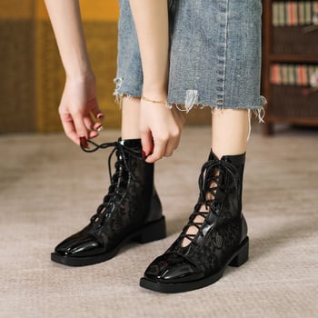 Γυναικείες χαμηλές μποτάκια με διχτυωτό ύφασμα, καουτσούκ σόλα, τετράγωνος μύτης, φερμουάρ στο πίσω μέρος