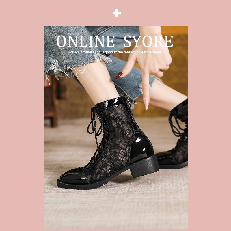 Γυναικείες χαμηλές μποτάκια με διχτυωτό ύφασμα, καουτσούκ σόλα, τετράγωνος μύτης, φερμουάρ στο πίσω μέρος