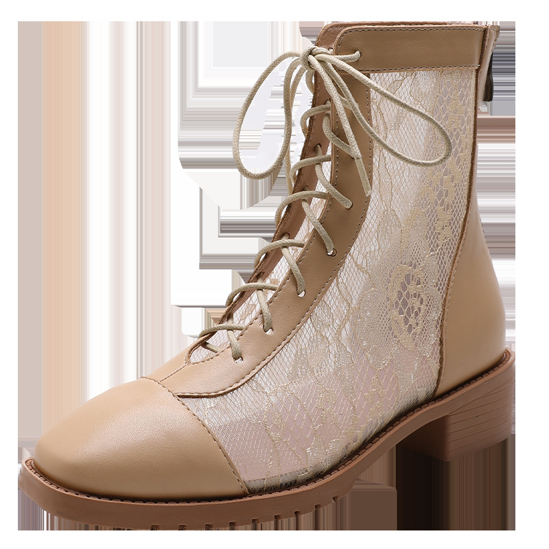 Γυναικείες χαμηλές μποτάκια με διχτυωτό ύφασμα, καουτσούκ σόλα, τετράγωνος μύτης, φερμουάρ στο πίσω μέρος