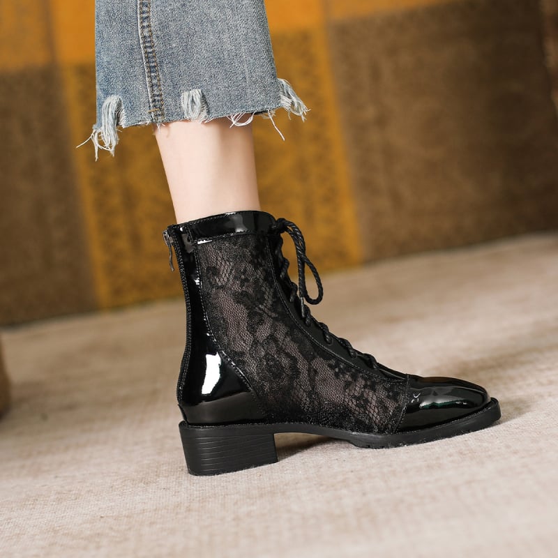 Γυναικείες χαμηλές μποτάκια με διχτυωτό ύφασμα, καουτσούκ σόλα, τετράγωνος μύτης, φερμουάρ στο πίσω μέρος