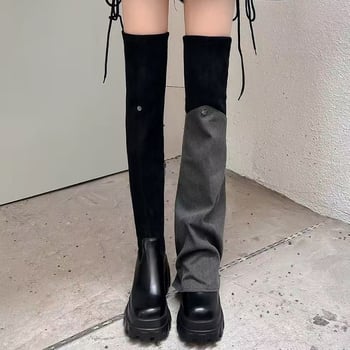 Ghete peste genunchi, stil coreean, vârf rotund, toc plat, închidere Slip-On (Exterior: piele sintetică; Talpă: cauciuc; Vârf: rotund; Toc: plat; Închidere: Slip-On)