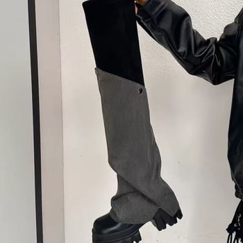 Ghete peste genunchi, stil coreean, vârf rotund, toc plat, închidere Slip-On (Exterior: piele sintetică; Talpă: cauciuc; Vârf: rotund; Toc: plat; Închidere: Slip-On)