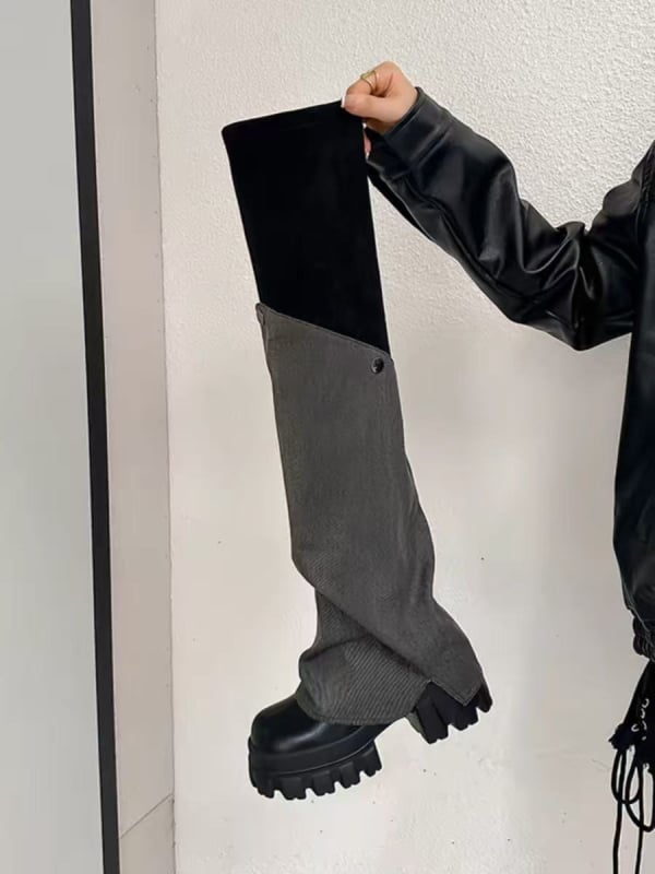 Ghete peste genunchi, stil coreean, vârf rotund, toc plat, închidere Slip-On (Exterior: piele sintetică; Talpă: cauciuc; Vârf: rotund; Toc: plat; Închidere: Slip-On)