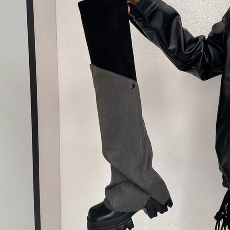 Ghete peste genunchi, stil coreean, vârf rotund, toc plat, închidere Slip-On (Exterior: piele sintetică; Talpă: cauciuc; Vârf: rotund; Toc: plat; Închidere: Slip-On)