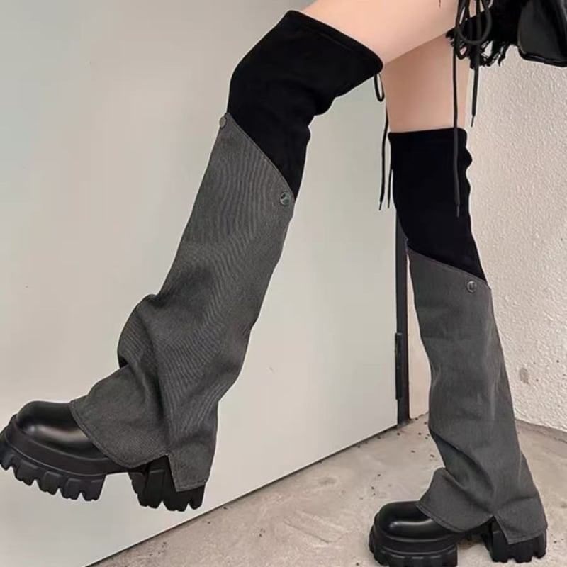 Ghete peste genunchi, stil coreean, vârf rotund, toc plat, închidere Slip-On (Exterior: piele sintetică; Talpă: cauciuc; Vârf: rotund; Toc: plat; Închidere: Slip-On)