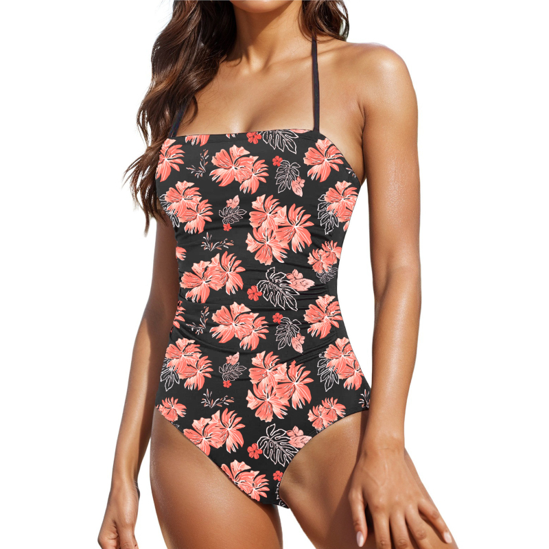 Costum de baie pentru femei, o piesă, fără bretele și fără spate, culoare solidă, talie înaltă, cu bureți pentru sân și fără cupe metalice, material poliester cu căptușeală din spandex