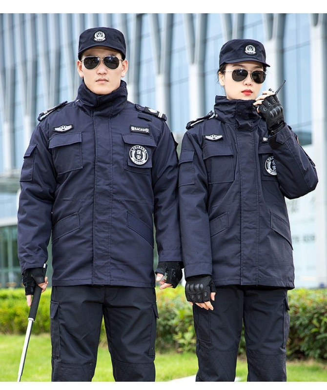 Палто за охранителна служба през зимата, дебело подплатено (Външна тъкан: полиестер; Подплата: топъл пълнител от памук; Категория: палто, мъжко облекло; Сезон: зима 2023)