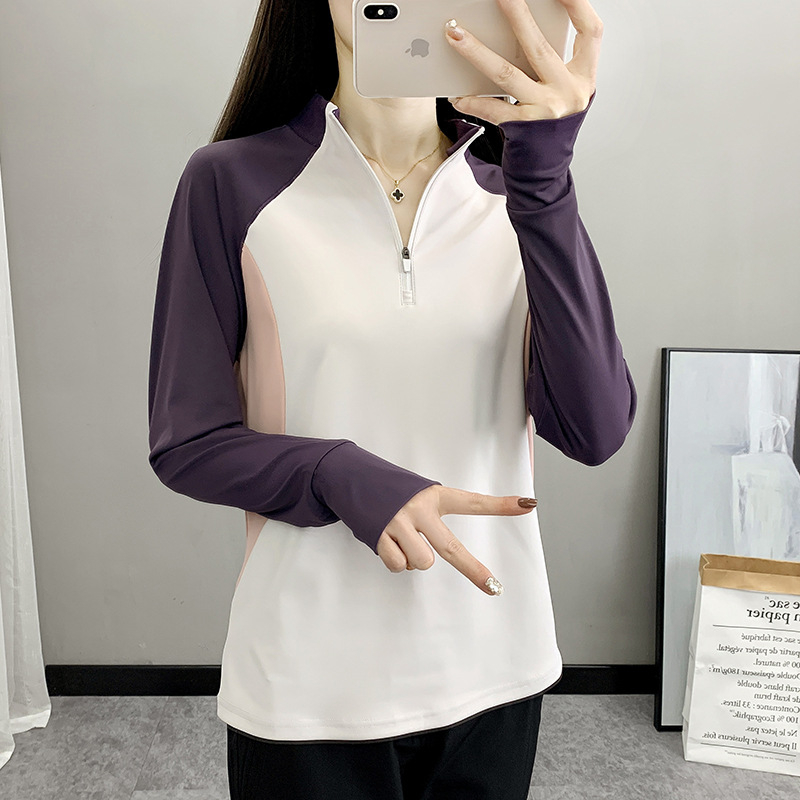 Γυναικείο T-shirt για άνοιξη-φθινόπωρο, γρήγορο στέγνωμα, διαπνοή, μακριά μανίκια, σταθερός γιακά για υπαίθριο σπορ