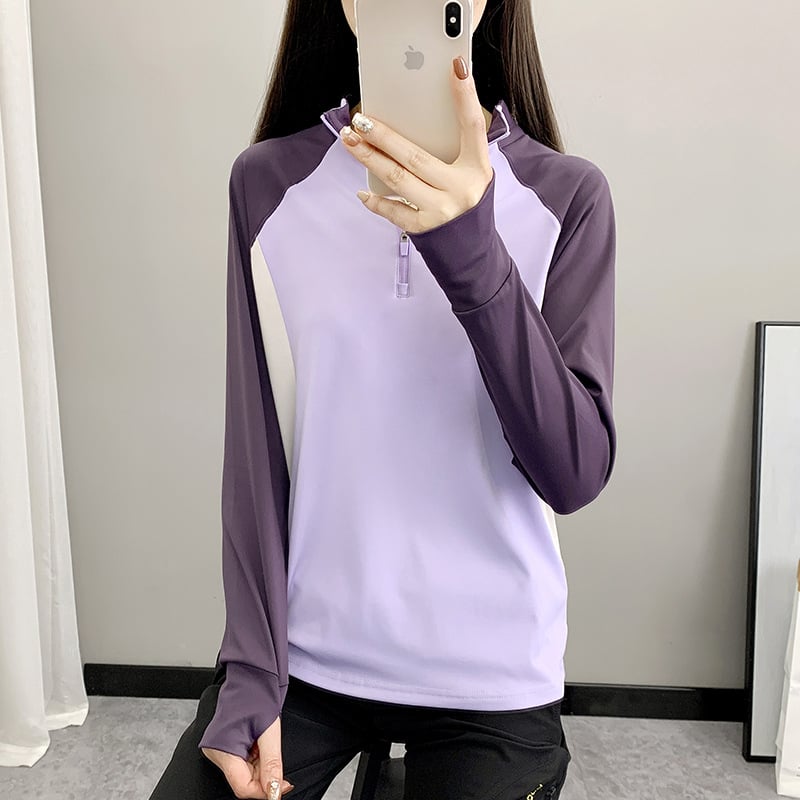 Γυναικείο T-shirt για άνοιξη-φθινόπωρο, γρήγορο στέγνωμα, διαπνοή, μακριά μανίκια, σταθερός γιακά για υπαίθριο σπορ