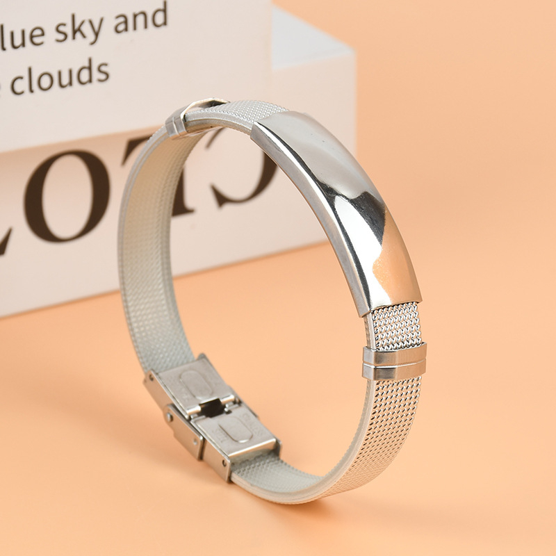 Rozsdamentes acél uniszex karkötő geometriai kialakítással, nyomtatott logóval és testreszabható