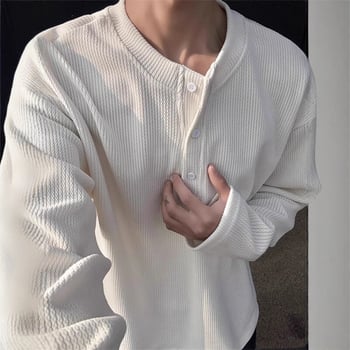 Henley μακρυμάνικη T-shirt με κουμπωτή λαιμόκοψη, χαλαρή γραμμή, πολυεστερική ανάμιξη