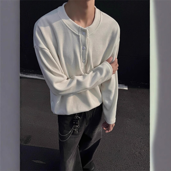 Henley μακρυμάνικη T-shirt με κουμπωτή λαιμόκοψη, χαλαρή γραμμή, πολυεστερική ανάμιξη