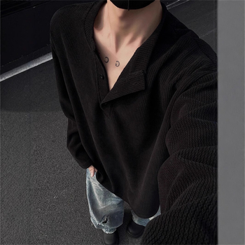 Henley μακρυμάνικη T-shirt με κουμπωτή λαιμόκοψη, χαλαρή γραμμή, πολυεστερική ανάμιξη