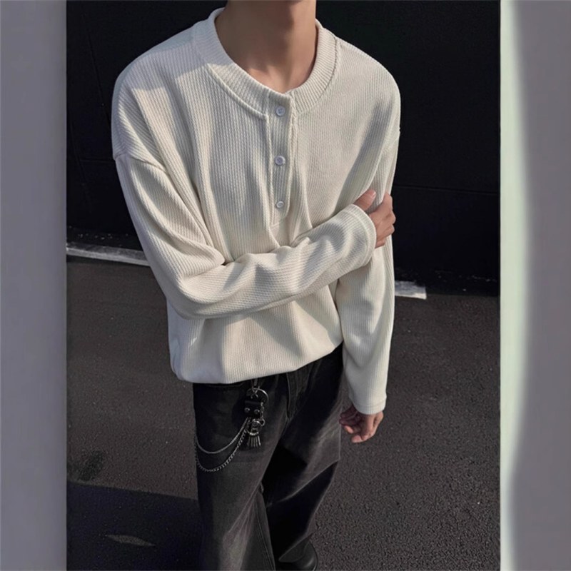 Henley μακρυμάνικη T-shirt με κουμπωτή λαιμόκοψη, χαλαρή γραμμή, πολυεστερική ανάμιξη