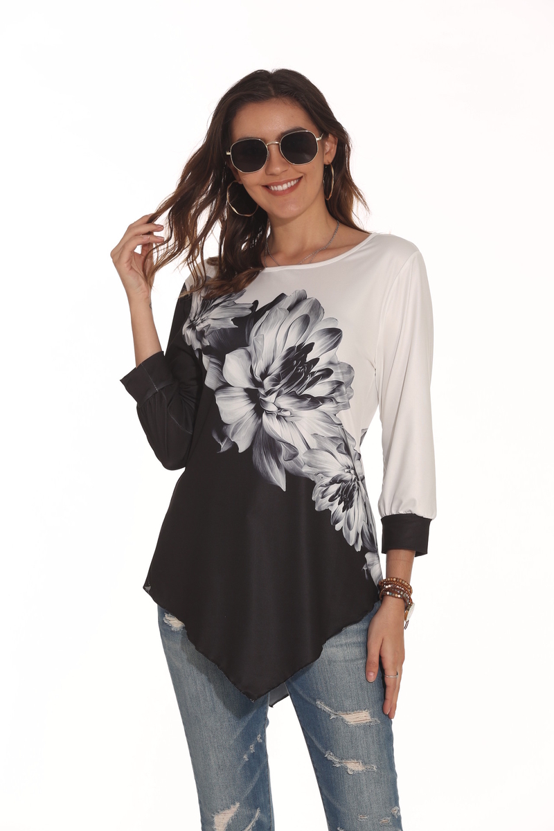 Őszi női ing 3D nyomtatással, kerek nyakkivágással és bő szabással, 2022