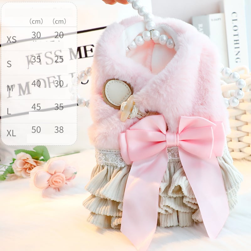 Ρούχα για σκύλους, Φθινόπωρο-Χειμώνας Χοντρό Φόρεμα Πριγκίπισσας με Χνουδωτή Κορδέλα, Κομψό Φόρεμα για Μικρά Σκυλιά