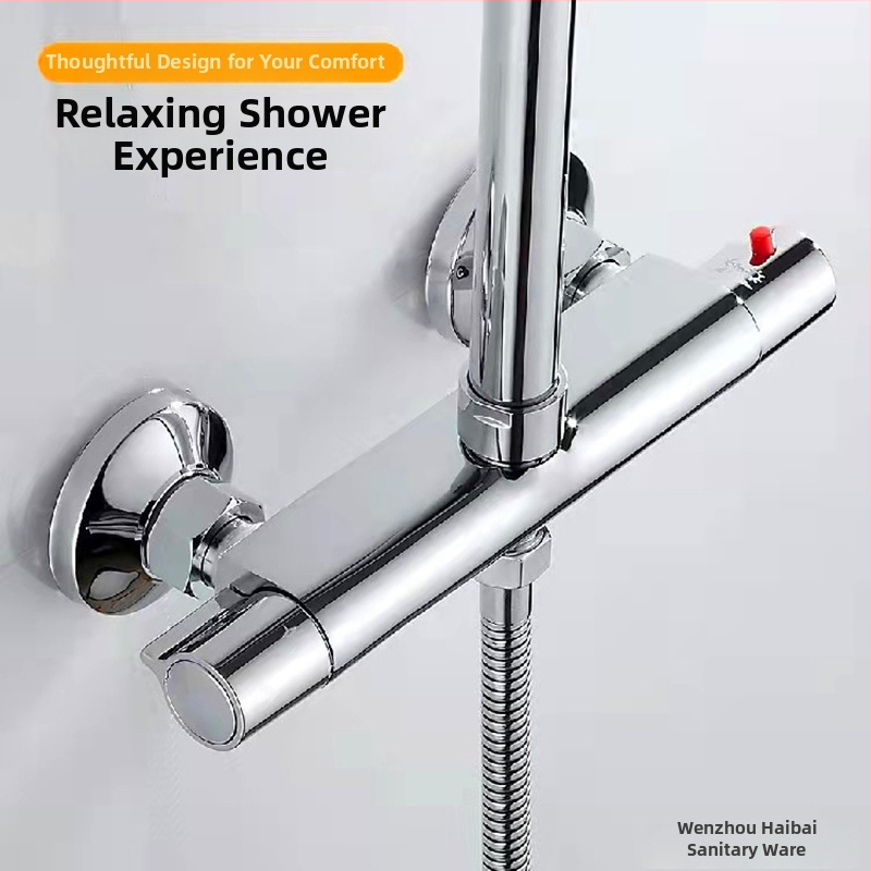 DINGMU termostatický sprchový mixér, nástenný, mosadzné telo, termostatický ovládací ventil, 38–52°C prevádzková teplota, 4/3 vstup-výstup, model 61105