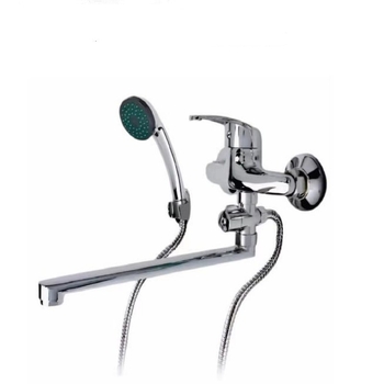 Τριπλό εντοιχισμένο σετ βρύσης μπάνιου σε τοίχο με μακρύ σωλήνα και περιστρεφόμενο ντους, κράμα ψευδάργύρου, κεραμικός πυρήνας βαλβίδας, είσοδος/έξοδος 1/2", 0–80°C λειτουργίας