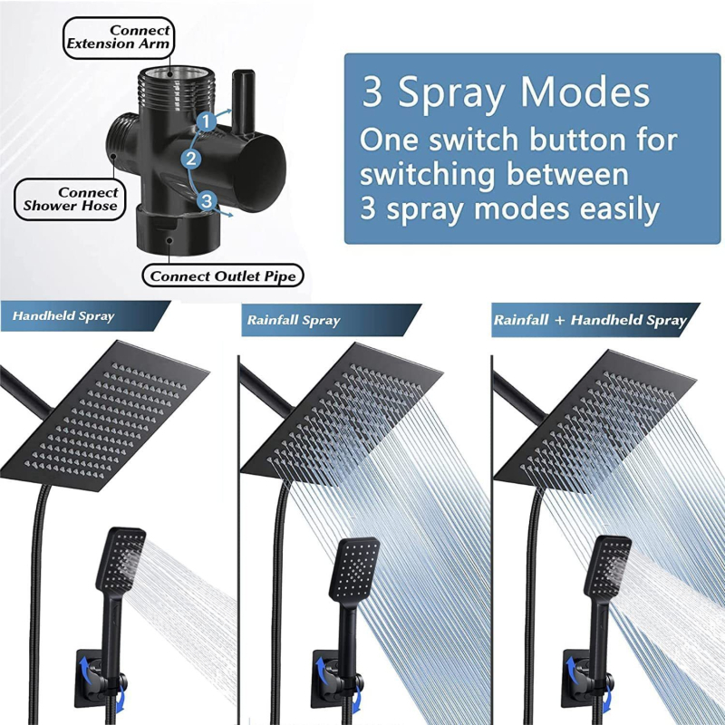 Zuhanykészlet négyszögletes felső sugárú fejjel, rejtett beépítés, ABS anyag, 3 funkció (permet, masszázs, eső), modell Mzl848