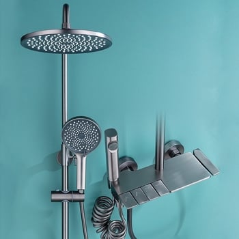 Tuš set od bakra, četverostruki protok raspršivanja s regulacijom temperature i funkcijom kiše, četvrtastog oblika, vakuumska prevlaka, model V1019, navojna ugradnja